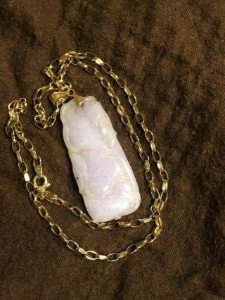 Antique Chinese Carved Lavender/white Jade With 14k Gold Necklace Rare