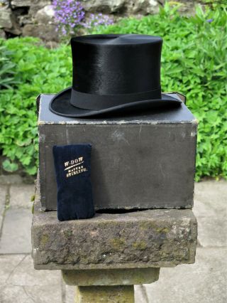 Vintage Woodrow Of London Silk Top Hat Uk Size 7 1/8 Box & Velvet Polishing Pad