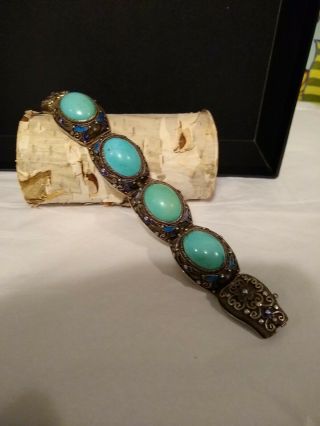 Vintage Chinese Silver Filigree Bracelet Turquoise Cabochon Stones Magnificent