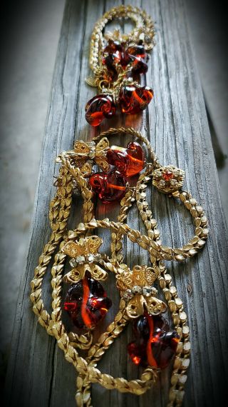 Vintage Signed Miriam Haskell Amber Glass Necklace & Bracelet
