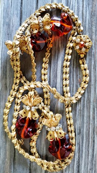 Vintage Signed Miriam Haskell Amber Glass Necklace & Bracelet 3