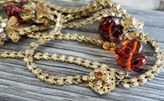 Vintage Signed Miriam Haskell Amber Glass Necklace & Bracelet 4