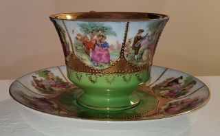Victorian Vintage Couple Lovers Tea Cup Saucer Green Y G1169 8