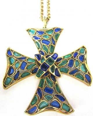 Trifari Blue & Green Modern Mosaics 1966 Cross Pendant Necklace
