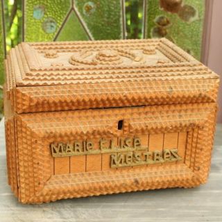 Vintage Wooden Tramp Art Trinket Box,  Sewing Box
