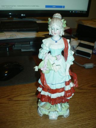 Antique German Dresden Victorian Lady With Flowers Figurine - 9 " Tall