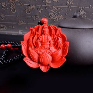 Natural Red Cinnabar Carving Chinese Kwan Yin Lotus Pendant 108 Beads Necklace