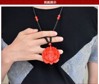 Natural Red Cinnabar Carving Chinese Kwan Yin Lotus Pendant 108 Beads Necklace 5