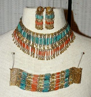 Egyptian Mirian Haskell Turquoise Coral Faience Necklace,  Bracelet & Earrings