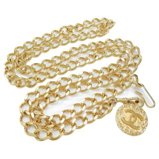 CHANEL Gold Plated CC Logos Charm Vintage Chain Belt 4410a Rise - on 4