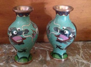 Vintage Matching Pair Chinese Brass Teal Enamel Cloisonne Vases Dragon Motif 5 "