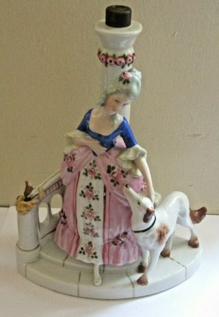 Antique Germany Porcelain Boudoir Lamp Base Lady With Dog Signed