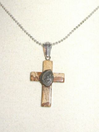 Christian Cross Necklace Pendant With Ancient Judean Widows Mite Coin