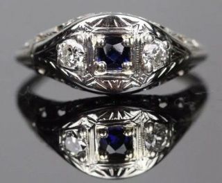 Antique Art Deco 1920s Solid 14k White Gold Filigree Diamond Sapphire Ring