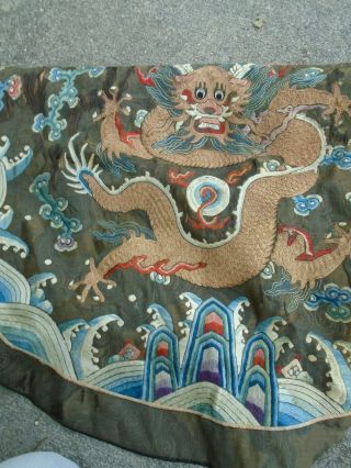 Antique Chinese Embroidered Silk Dragon Tapestry gold thread 5 claw Dragons 8