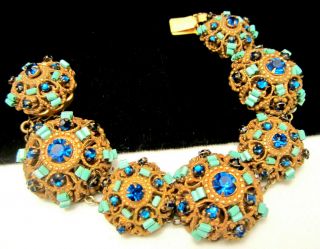 Rare Vintage Signed Miriam Haskell 7”x1” Blue Rhinestone Turquoise Bead Bracelet