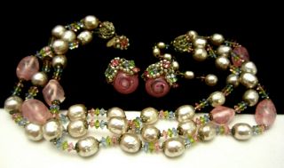 Rare Vintage Signed Miriam Haskell Pink Glass 16 " Necklace & 1 " Earring Set A60