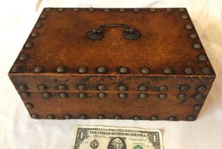 Vtg Antique 19th Early 20th C Studded Leather Wooden Document Box Old Patina