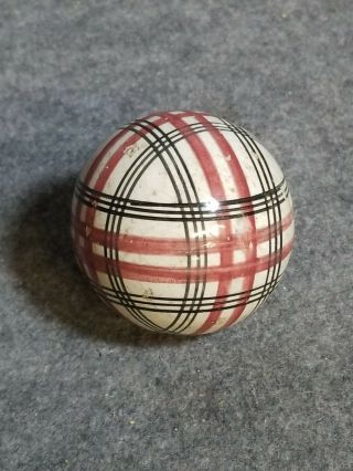 Antique Pottery Carpet Ball,  White With Red And Black Stripes,  2 5/8 Inches.