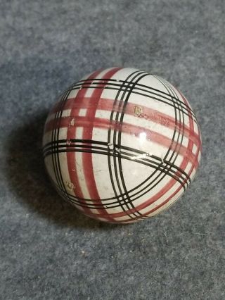 Antique Pottery Carpet Ball,  White with Red and Black Stripes,  2 5/8 inches. 2