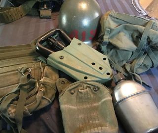 World War 2 1945 Canteen,  Belt,  2 Bags,  Shovel And Helmet