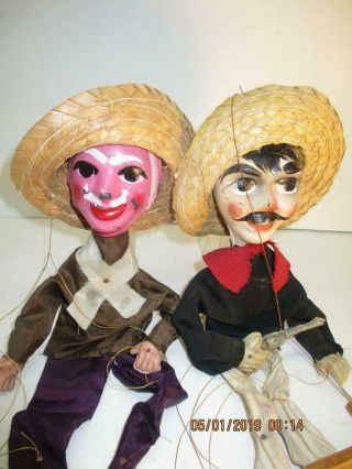 Set Of 2 Vtg Mexican Folk Art Marionettes/puppets String Bandits (pistoleros)