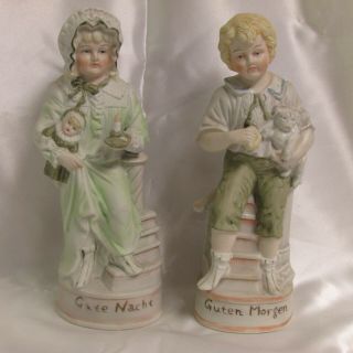 Lovely Vintage " Good Morning  Good Night " German Bisque Figurine Set Boy & Girl