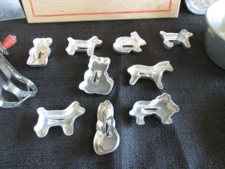Vintage 1950 ' s Toy Aluminum Child ' s Bake Set - Pans Cookie Cutters Beater & More 4