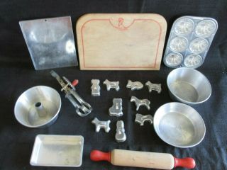 Vintage 1950 ' s Toy Aluminum Child ' s Bake Set - Pans Cookie Cutters Beater & More 5