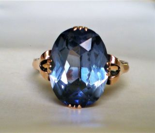 Vintage Russian Russia 14k 583 Rose Pink Gold Blue Sapphire Corundum Ring 6.  2 G.