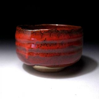ZD9: Japanese Pottery Tea Bowl,  Seto Ware,  Samurai Red Glaze 3