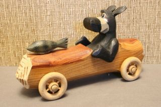 Rare Vintage Hand Carved Wood Race Car With Spoke Wheels,  Caricature Bear Driver