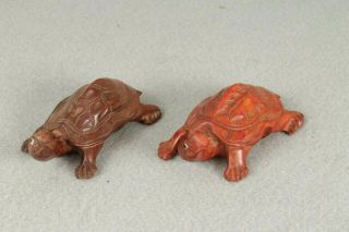 Netsuke Style Vintage Carved Wood Chinese Turtle Figures Glass Eyes