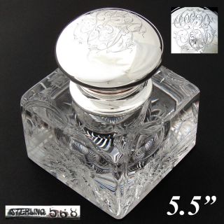 Massive Antique American Brilliant Cut Crystal & Sterling Silver 5.  5 " Inkwell
