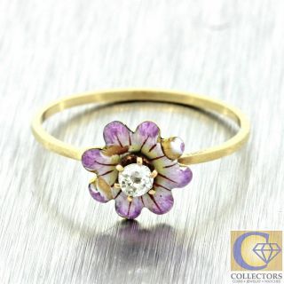 1920s Antique Art Deco 14k Gold Diamond Pink Enamel Pansy Daisy Flower Ring