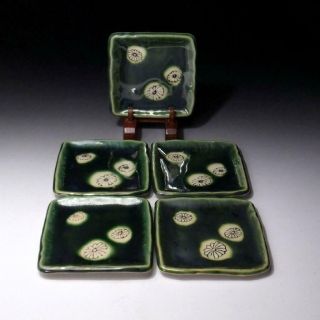 Zq9: Japanese 5 Pottery Tea Plates,  Oribe Ware,  Tea Ceremony,  Flower
