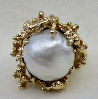 VINTAGE 1960 ' s BIG & HEAVY MABE PEARL & 14K YELLOW GOLD RING 11.  5 GRAMS 2