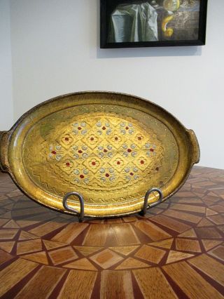 Vtg Italian Florentine Toleware Gold Gilt 15 " Oval Tray Florence - Made In Italy
