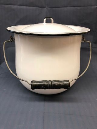 Vintage White Porcelain Enamel Ware Wood Handled Chamber Pot Bucket & Lid Vg,