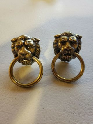 2 Vintage Antique Brass Lion Head Drawer Pulls 1 1/2 " Wide X 2 5/8 " Tall Euc