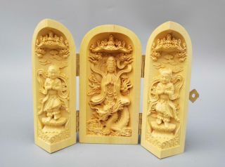 Chinese Wood Carving Guanyin Bodhisattva Buddha Riding Dragon Statue 2