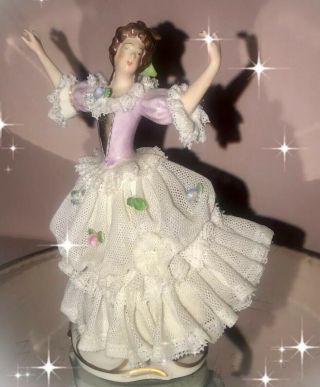 Antique Dresden Dancer Ballerina Porcelain Lace Figurine Made In Germany Purple