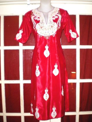 Old Chinese Red Silk Cheongsam Dress/robe Embroidered W/butterflies