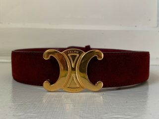 Authentic Vintage Celine Logo Buckle Belt Burgundy Suede Leather