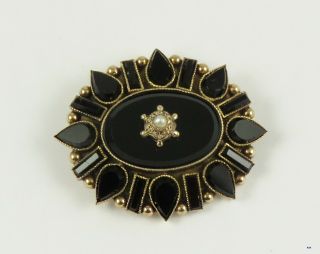 Antique C1860 Victorian 14k Gold Onyx Pearl Mourning Memorial Pin