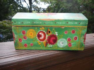 Charming Vintage Dome Top Folk Art Swedish Box Decorated In The Dala Style.