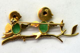 Antique Victorian 14K Solid Gold,  Natural Jade and Ruby Baby Birds Pin/Brooch 2