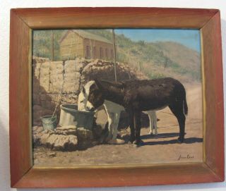 VINTAGE OIL PAINTING BURROS DONKEY DRINKING AT WELL BISBEE AZ NORMAN EDSON 11