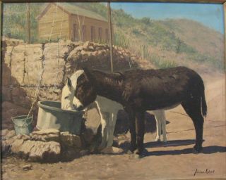 VINTAGE OIL PAINTING BURROS DONKEY DRINKING AT WELL BISBEE AZ NORMAN EDSON 2