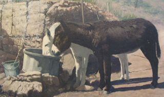VINTAGE OIL PAINTING BURROS DONKEY DRINKING AT WELL BISBEE AZ NORMAN EDSON 3